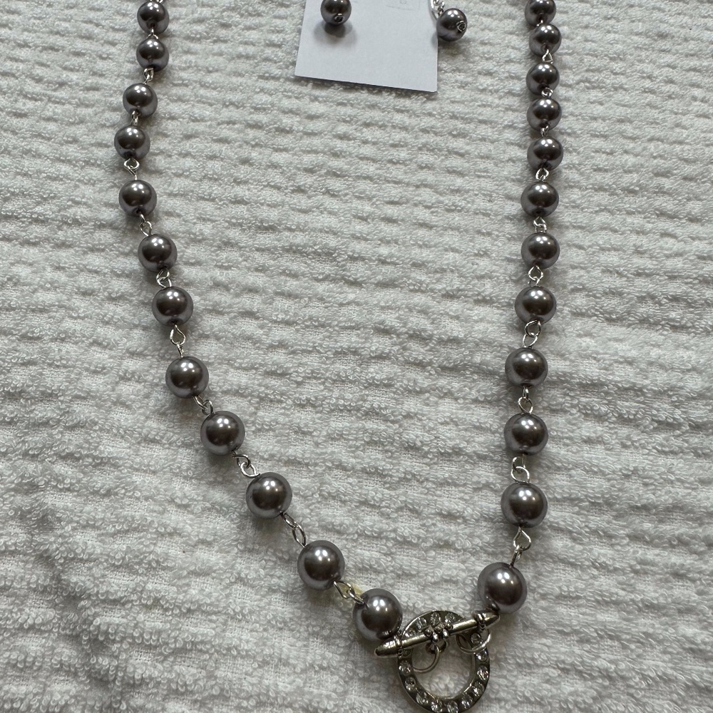 Silver Tone Set of Earring and Necklace Handmade S Glass Pearls Non Tarnish Wire